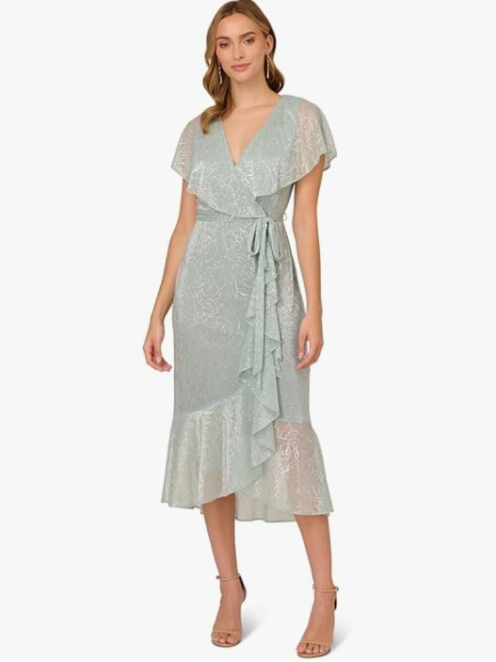 Adrianna Papell Metallic Stencil Flounce Midi Dress Sea Glass Flowy Size 6 NWT